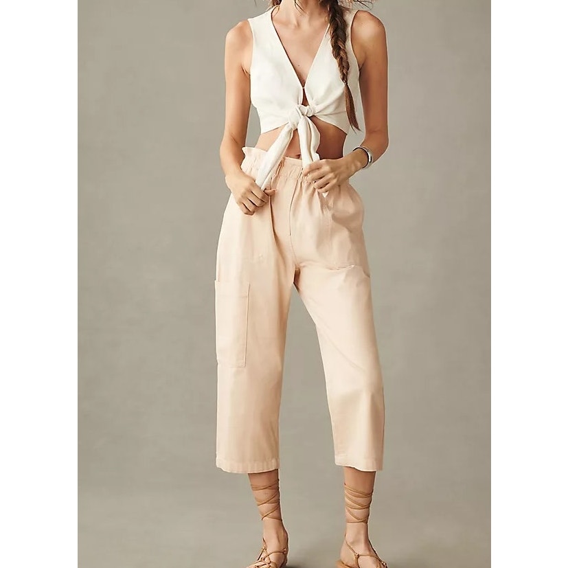 Anthropologie High Rise Paperbag Cropped Utility Pants Tan Khaki XS