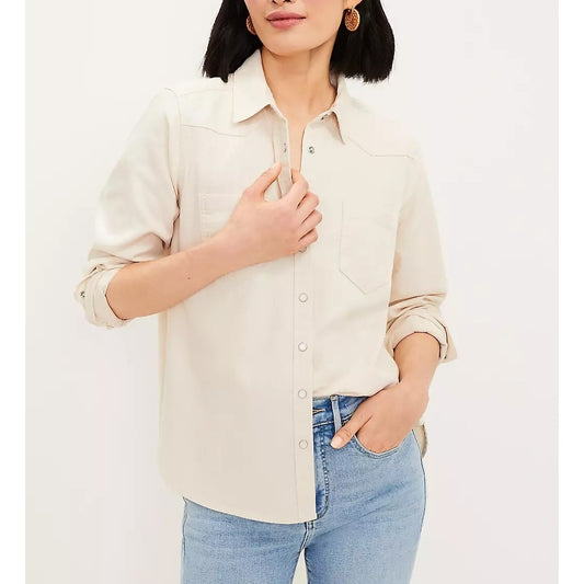 LOFT Cotton Western Long Sleeve Pearl Snap Shirt Top Ivory Cream Small