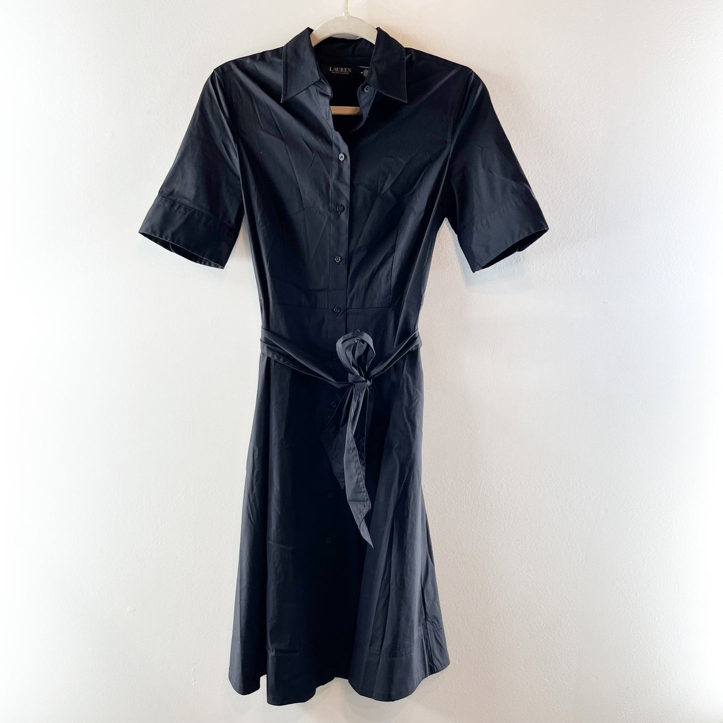 Ralph Lauren Short Sleeve Belted Cotton Blend Shirt Midi Dress Black 4 Petite