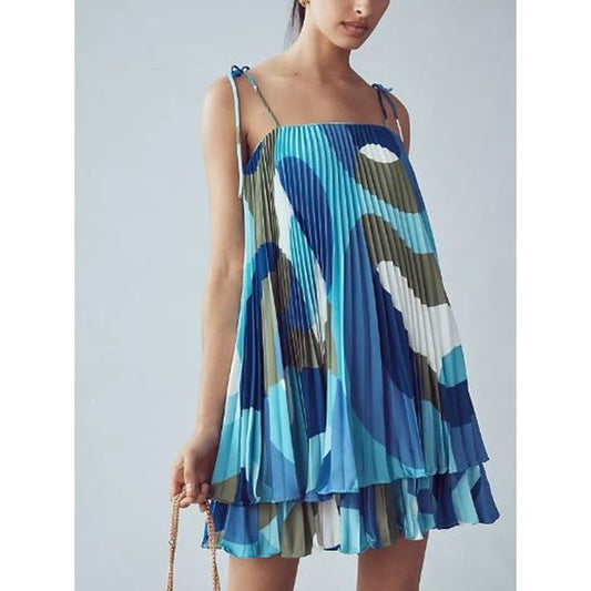 Hutch Anthropologie Tie Straps Abstract Printed Pleated Lined Romper Blue Large