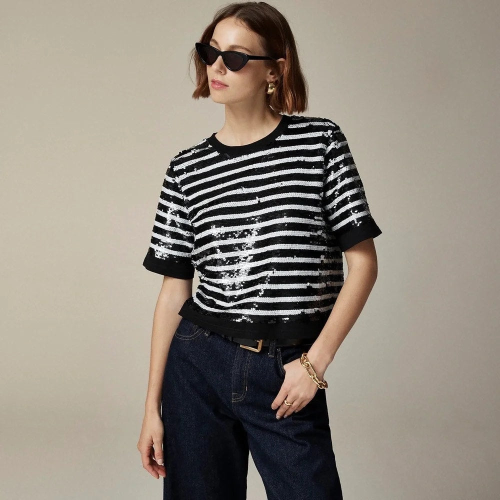 J. Crew Sequin Stripe Boxy Short Sleeve T-Shirt Top  Black White XL