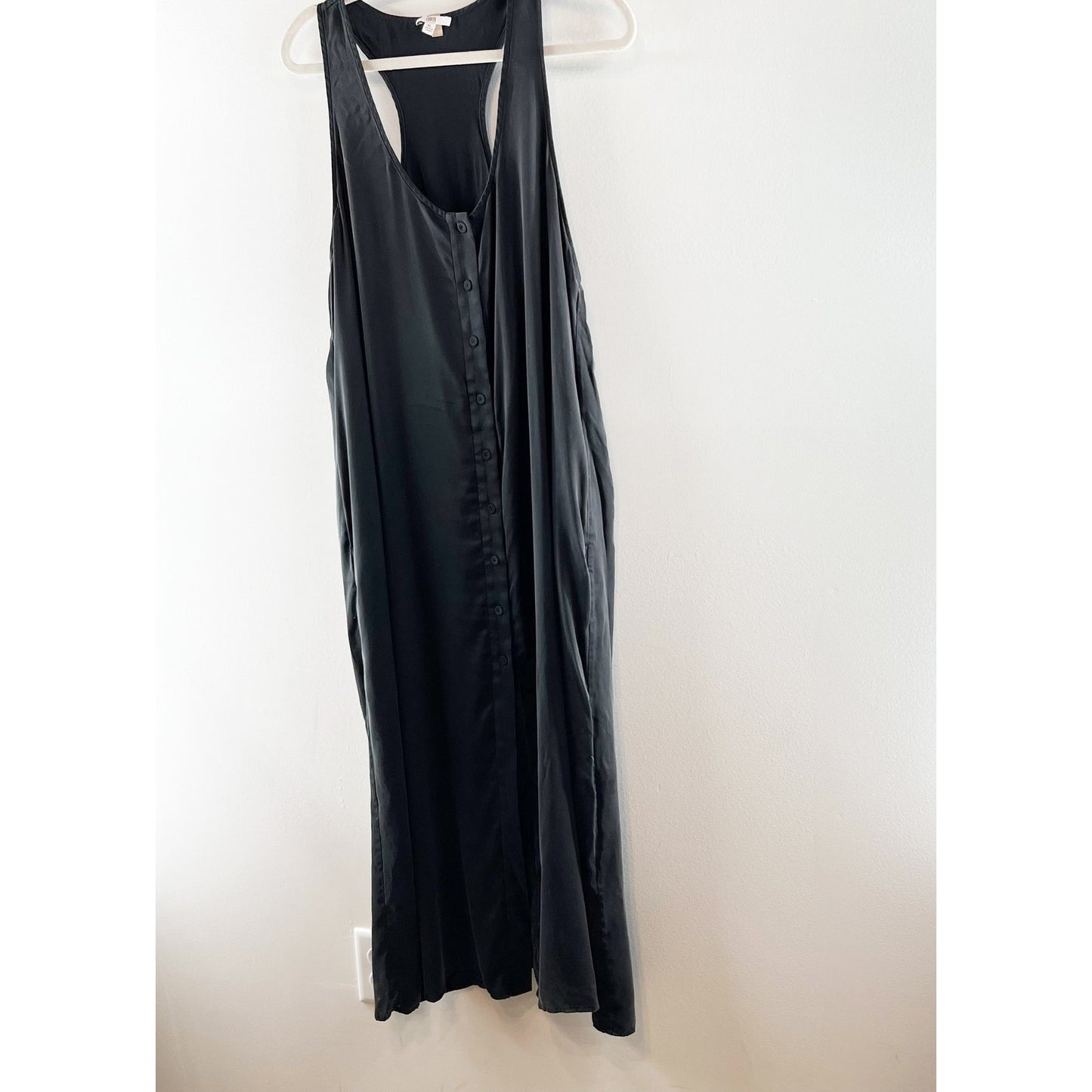 Lunya Washable Silk Sleeveless Scoop Neck Button Front Midi Tank Dress Black XL