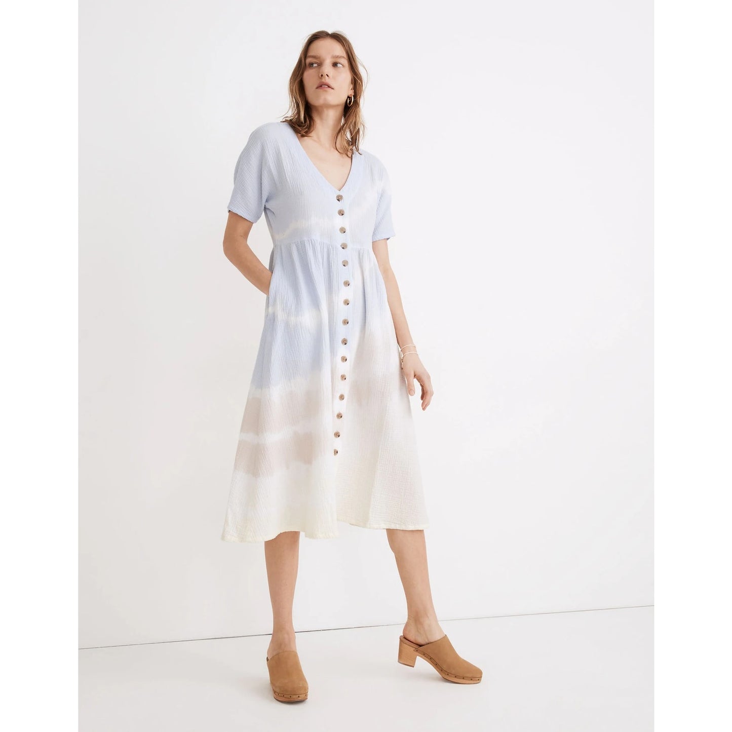Madewell Tie-Dye Lightspun Button-Front Gauze Cotton Midi Dress Blue Yellow M