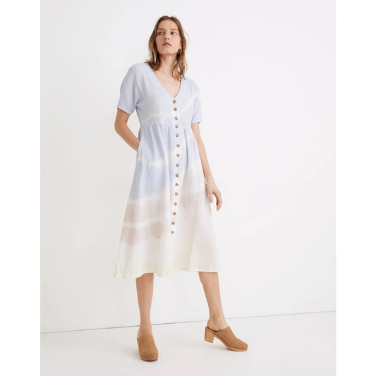 Madewell Tie-Dye Lightspun Button-Front Gauze Cotton Midi Dress Blue Yellow M