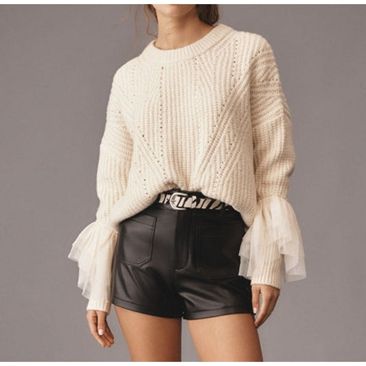 Anthropologie Tulle-Sleeve Pullover Knit Sweater Cream Medium