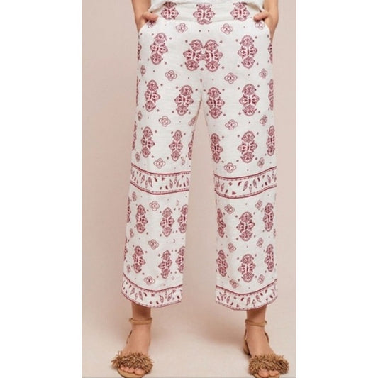 Ett: twa Jadida Embroidered Wide Leg Linen Blend Cropped Pants White Red 0 P