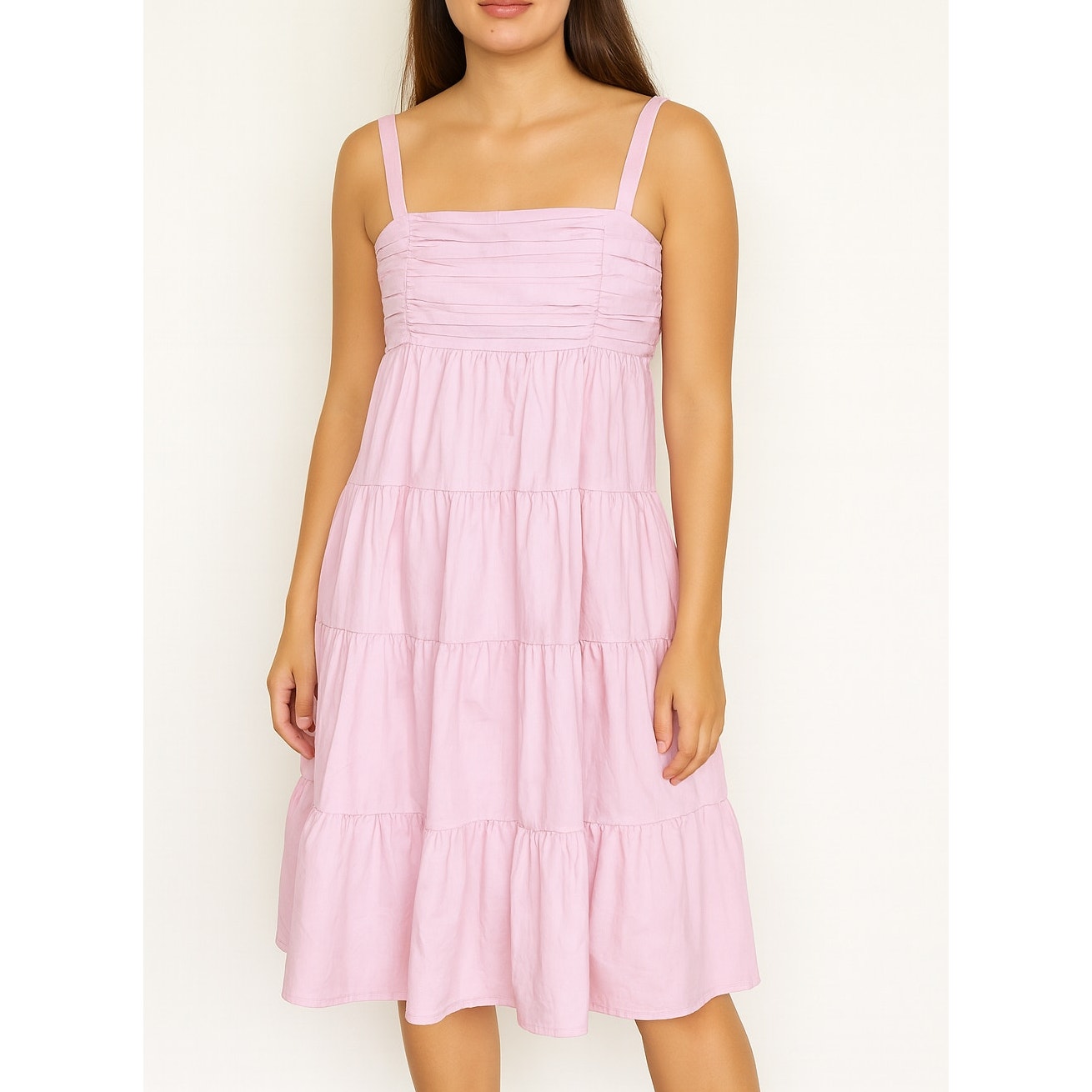 ZARA Tiered Poplin Ruffle Hem Pastel Midi Dress Pink Large