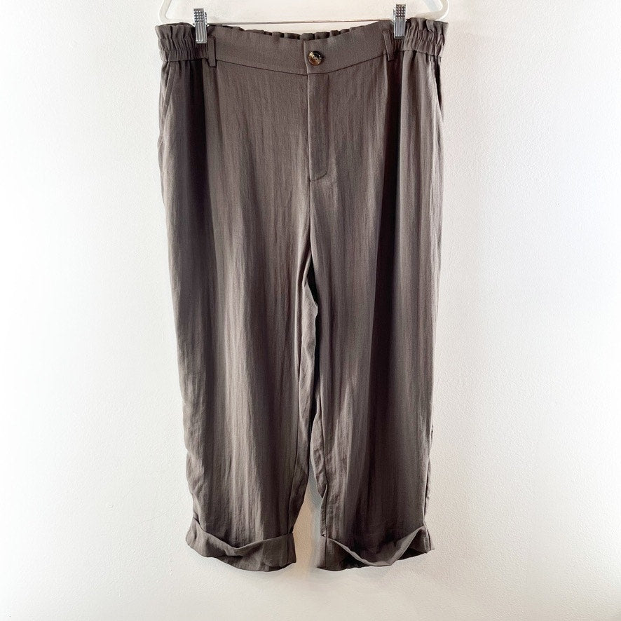 Halara High Waisted Zipper Pocket Cropped Linen-Feel Pants Dark Earthy Brown XL