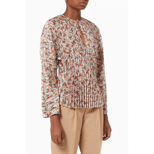 Vince Pomegranate Print Long Sleeve Keyhole Neck Pleated Blouse Chamois Small