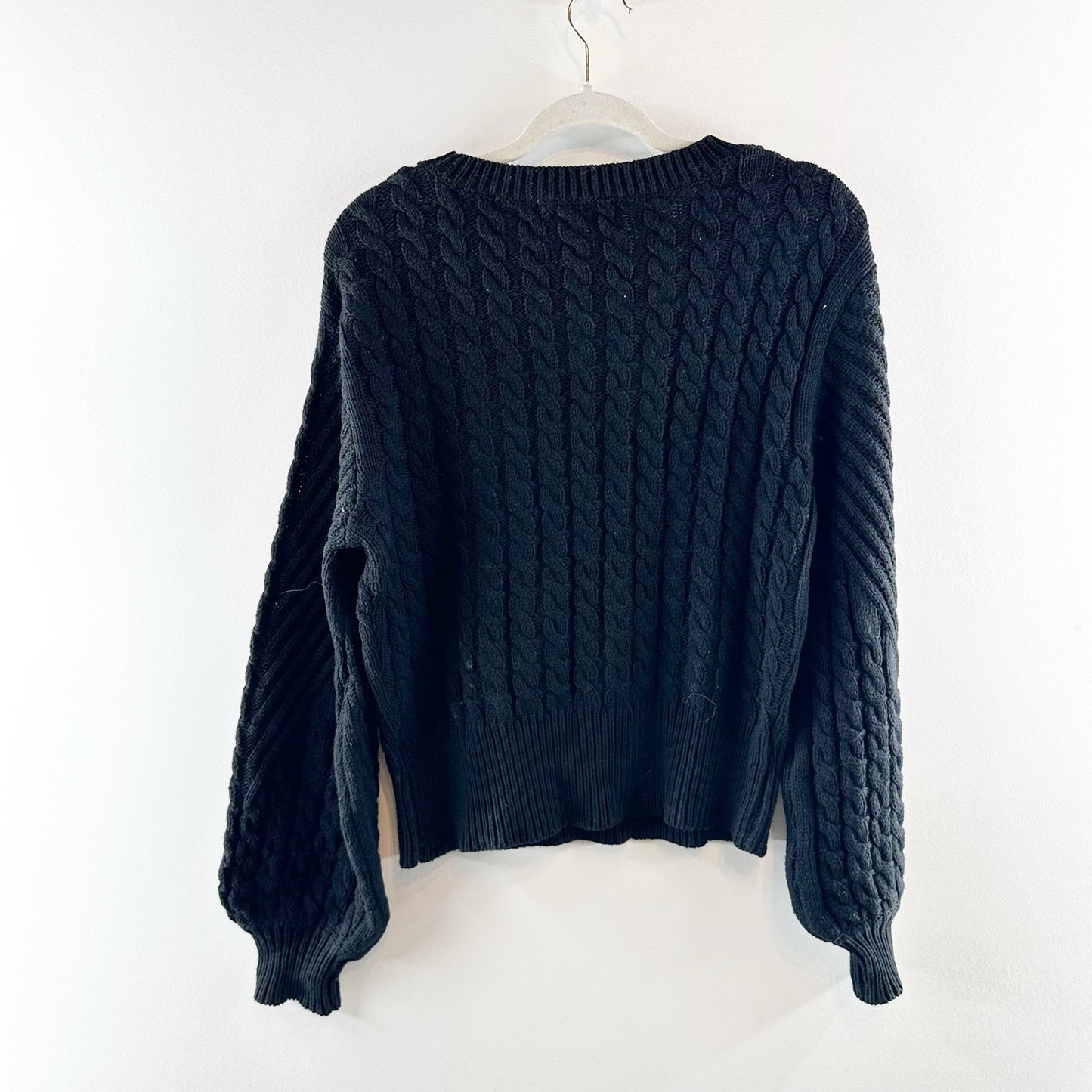 John + Jenn Irving Cotton Blend Long Sleeve Cable Knit Cropped Sweater Black XS