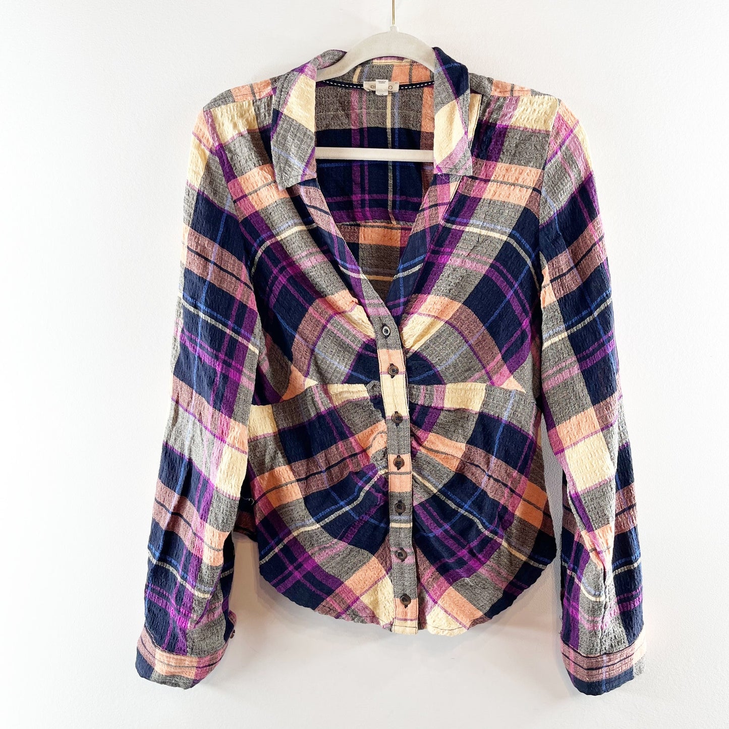 Anthropologie Pilcro Ruched Deep V Plaid Buttondown Shirt Purple Medium