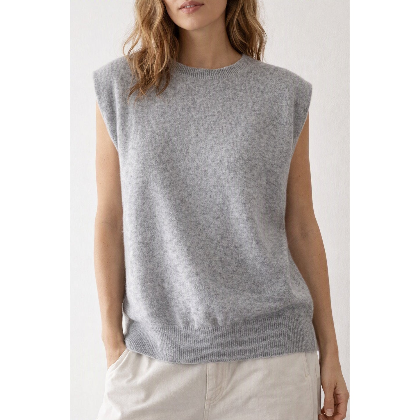 Banana Republic Cashmere Sleeveless Padded Shoulder Crew Neck Top Gray XS