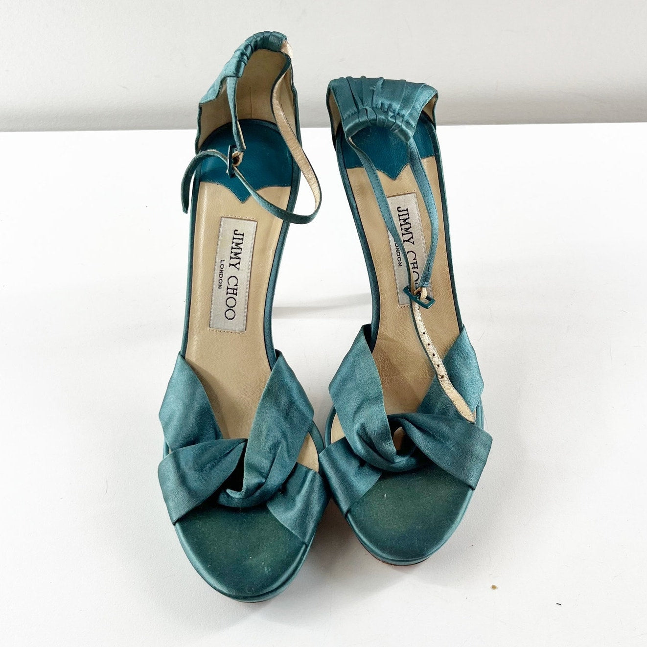 Jimmy Choo Marion Satin Knotted Ankle Strap Platform Stiletto Sandals Green 38