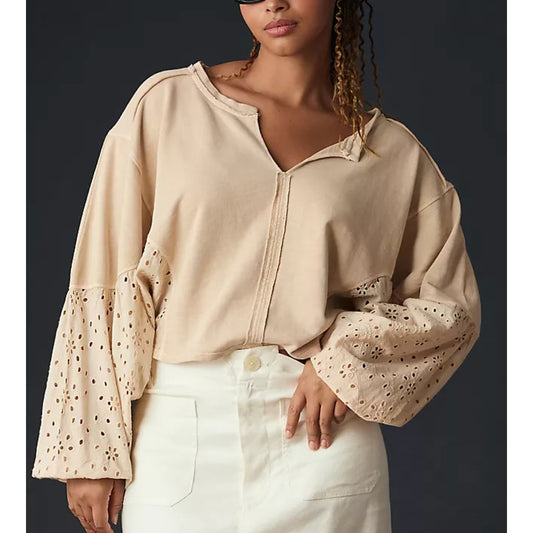 Pilcro Anthropologie Batwing Eyelet Sweatshirt Top Tan Beige Small
