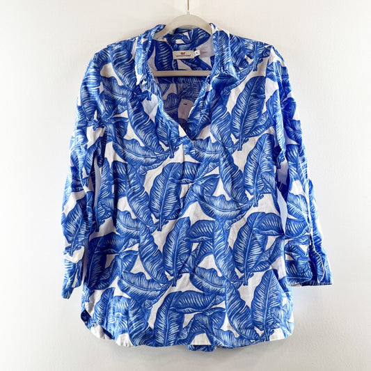 Vineyard Vines Long Sleeve Palm Tree Printed Linen Blouse Shirt Blue White Med
