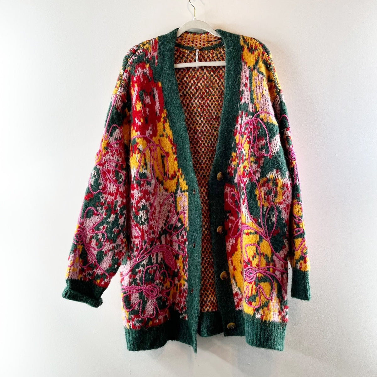 Free People Alexis Floral Long Sleeve V-Neck Cardigan Sweater Yellow Green Large