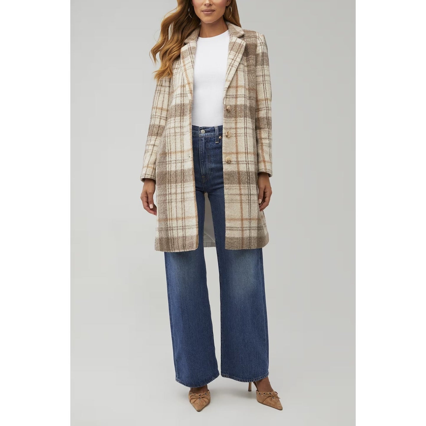 BB Dakota Plaid To Be Said Long Sleeve Notch Lapel Overcoat Peacoat Tan Large