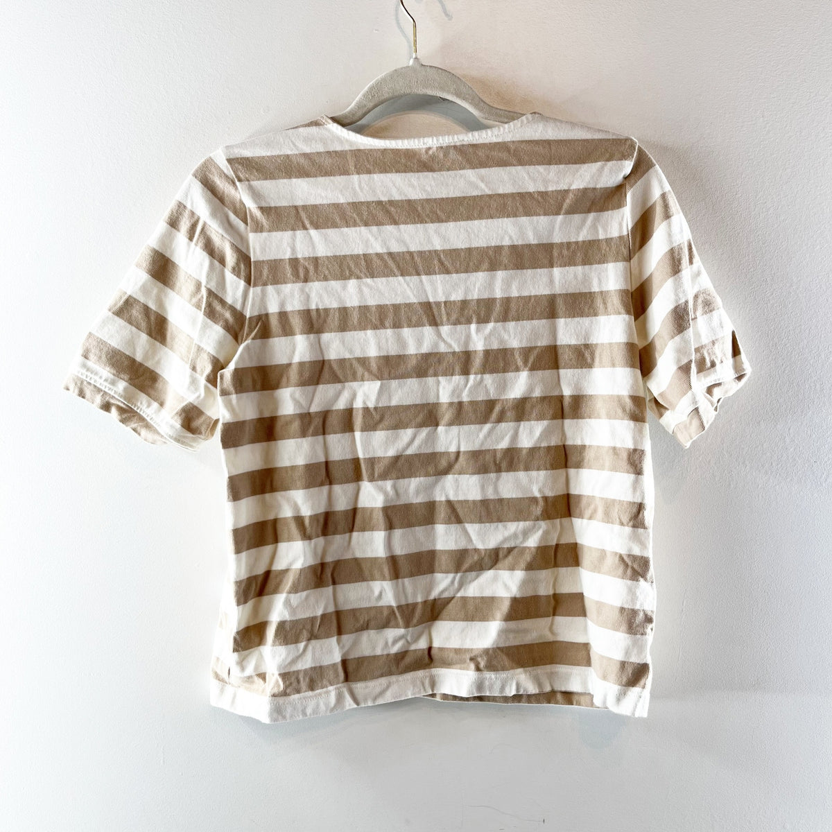 J. Crew Striped Cotton Short Sleeve Tee Shirt Gold Buttons Cream Tan Small