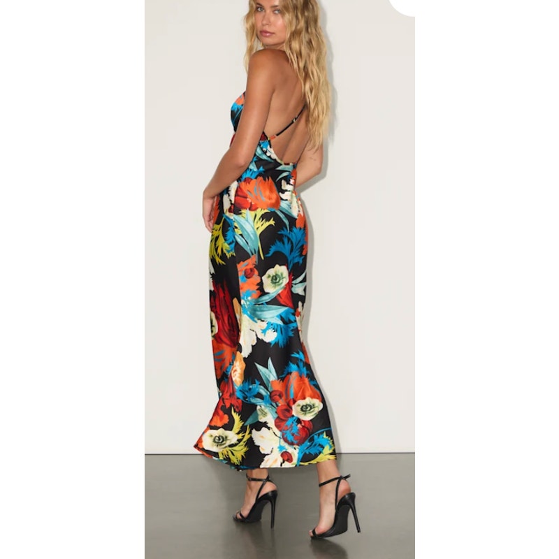 Lulus Sahalia Floral Satin Backless Midi Slip Dress Black Medium