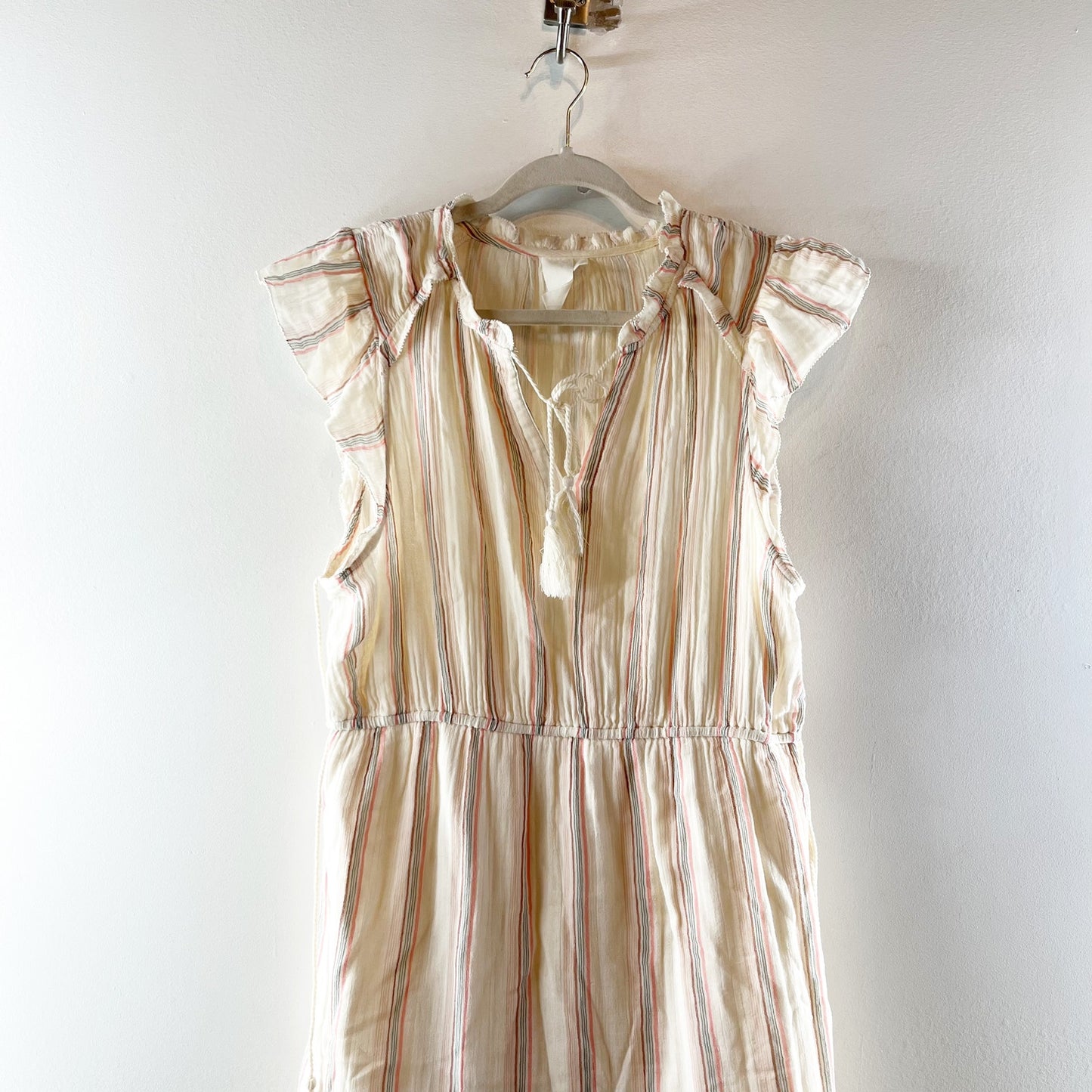 Ady P Striped Tiered Ruffle Shoulder Cotton Midi Dress Cream Tan Large