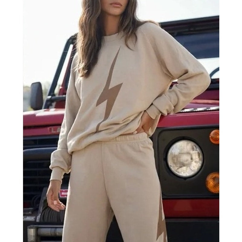 Aviator Nation Lightning Bolt Crewneck Sweatshirt Sweatpants Matching Set Sand S