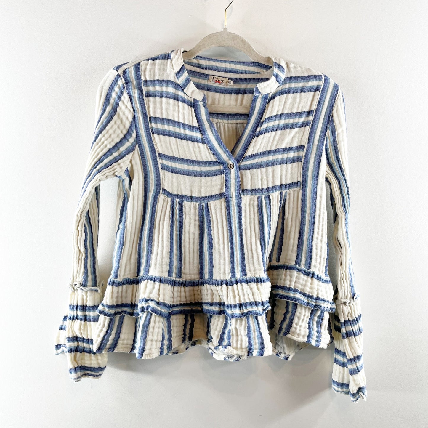 Faherty Vida Baja Striped Gauzy Cotton Long Sleeve Top Blouse White Blue XS