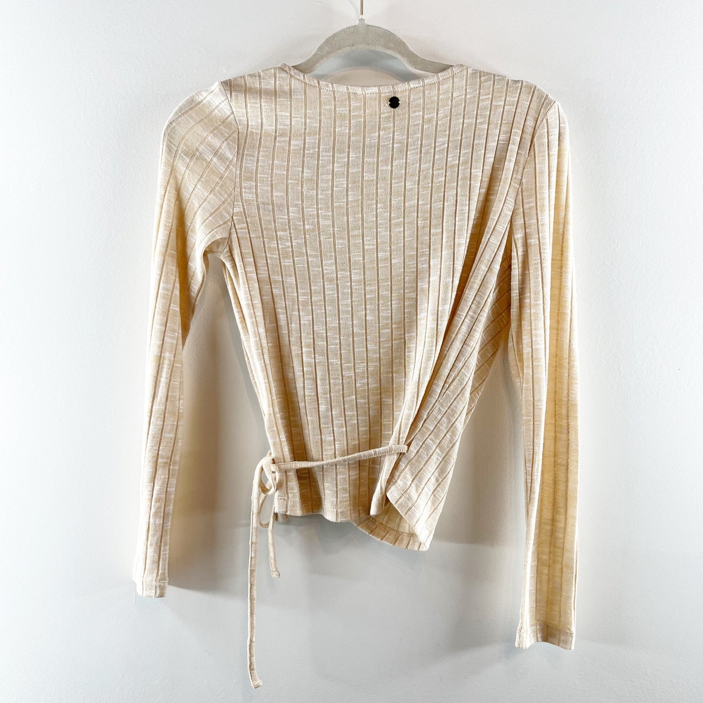 Roxy V Neck Cloudy Days Ribbed Wrap Crop Long Sleeve Top Beige XS