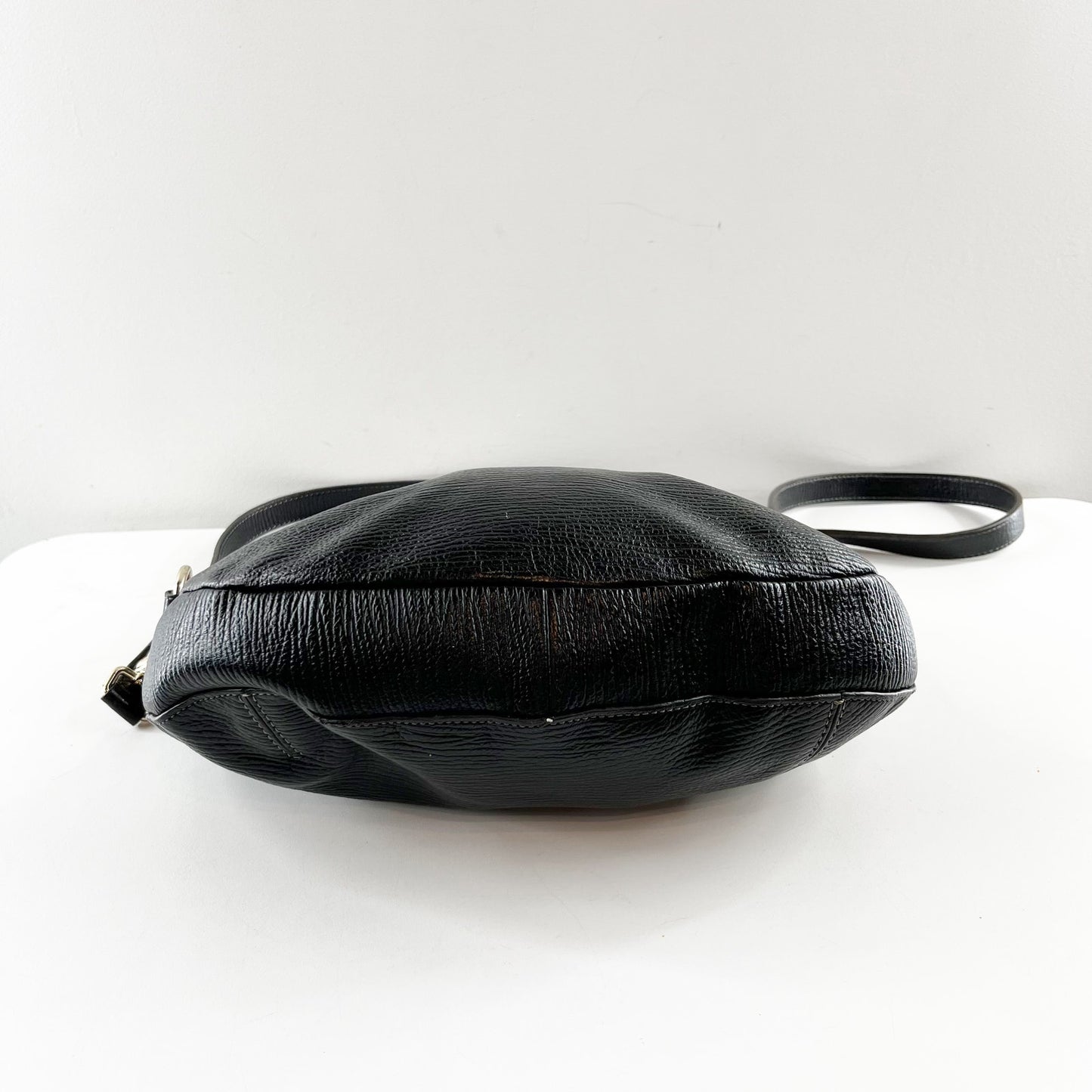 Furla Black Textured Genuine Leather Flapover Shoulder Bag