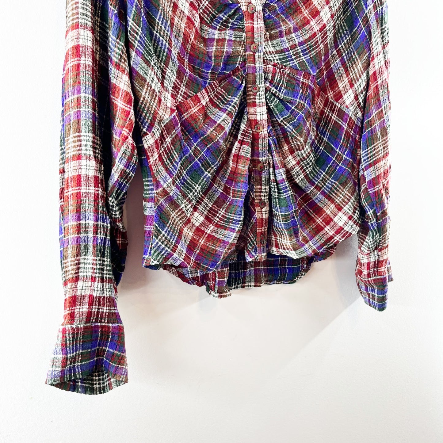 Anthropologie Pilcro Ruched Deep V Plaid Buttondown Shirt Blue Red Large