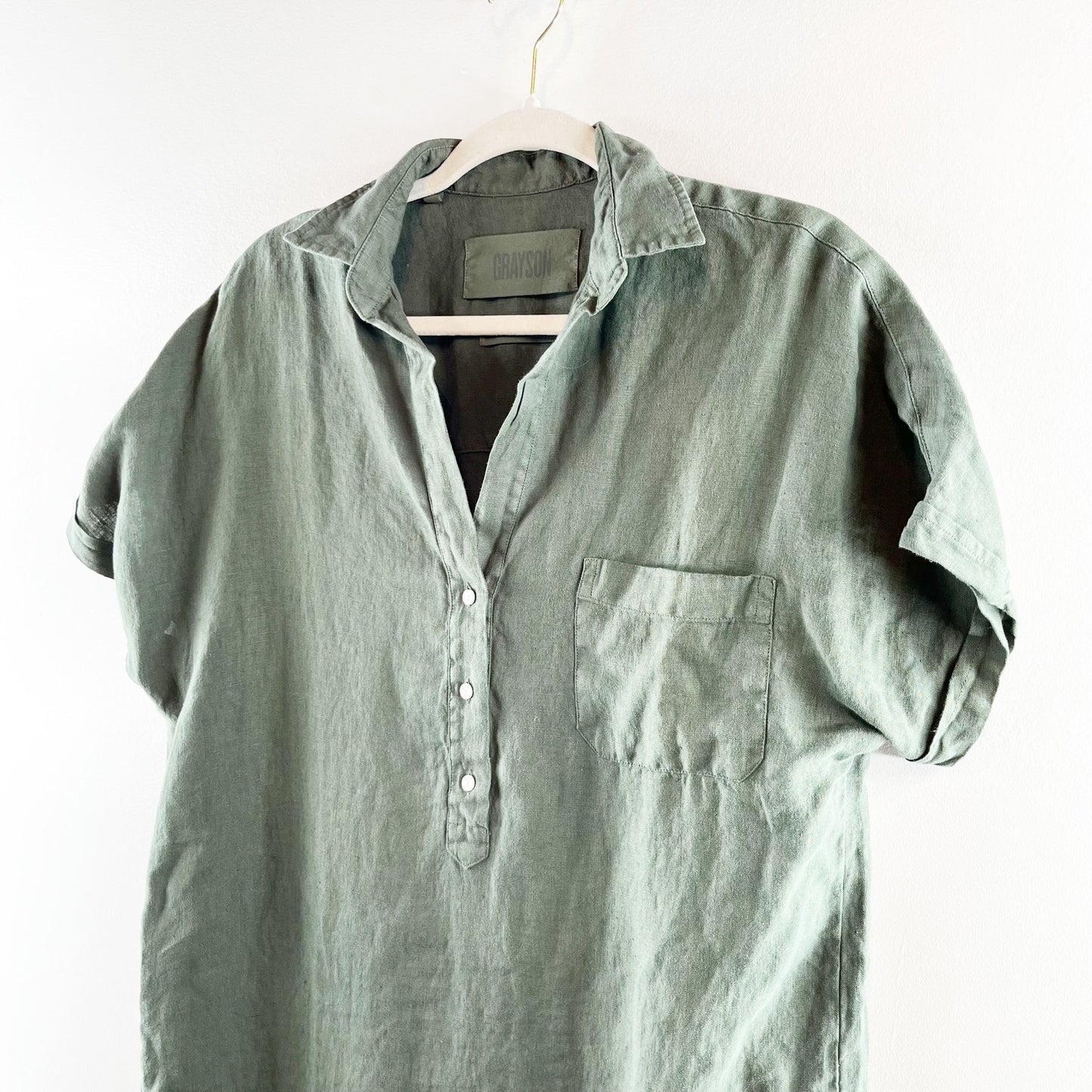 Grayson Linen Short Sleeve Mini Shirt Dress Green 2 / Small