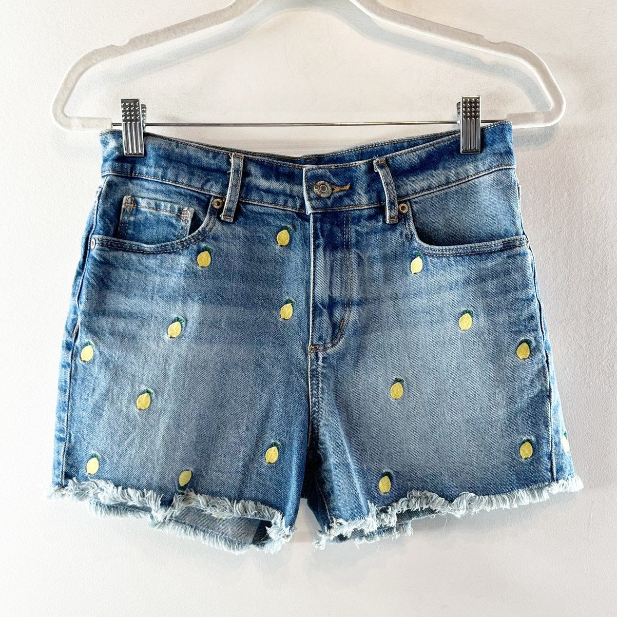 LOFT Lemon Print Embroidered High Waisted Jean Denim Cutoff Shorts Blue 25