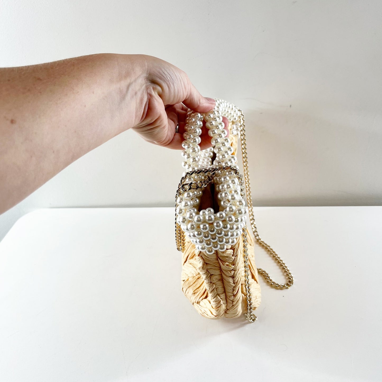 Zara Faux Beaded Basket Handbag Purse with Chain Crossbody Strap Natural Tan