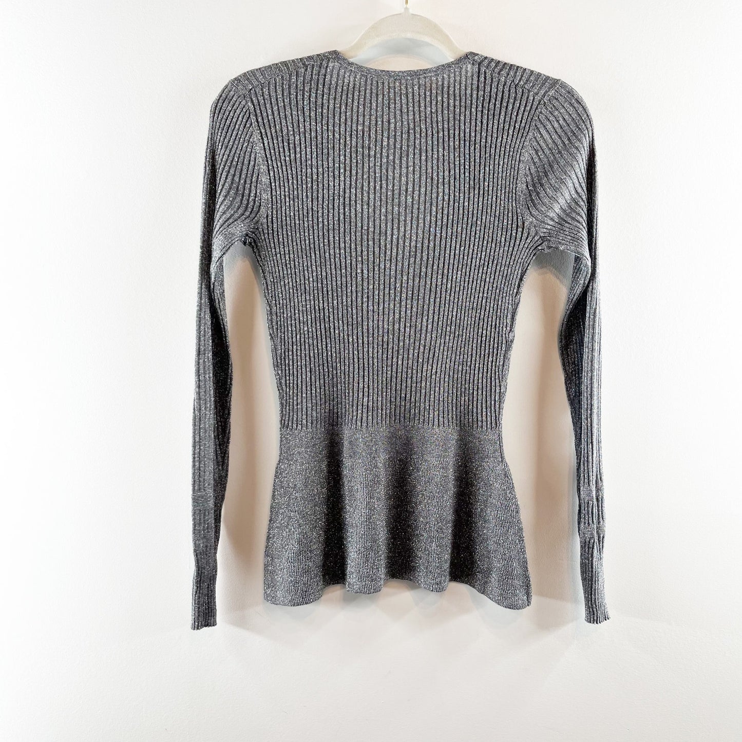 Veronica Beard Esmeralda Metallic V-Neck Ribbed Knit Peplum Sweater Gray XS