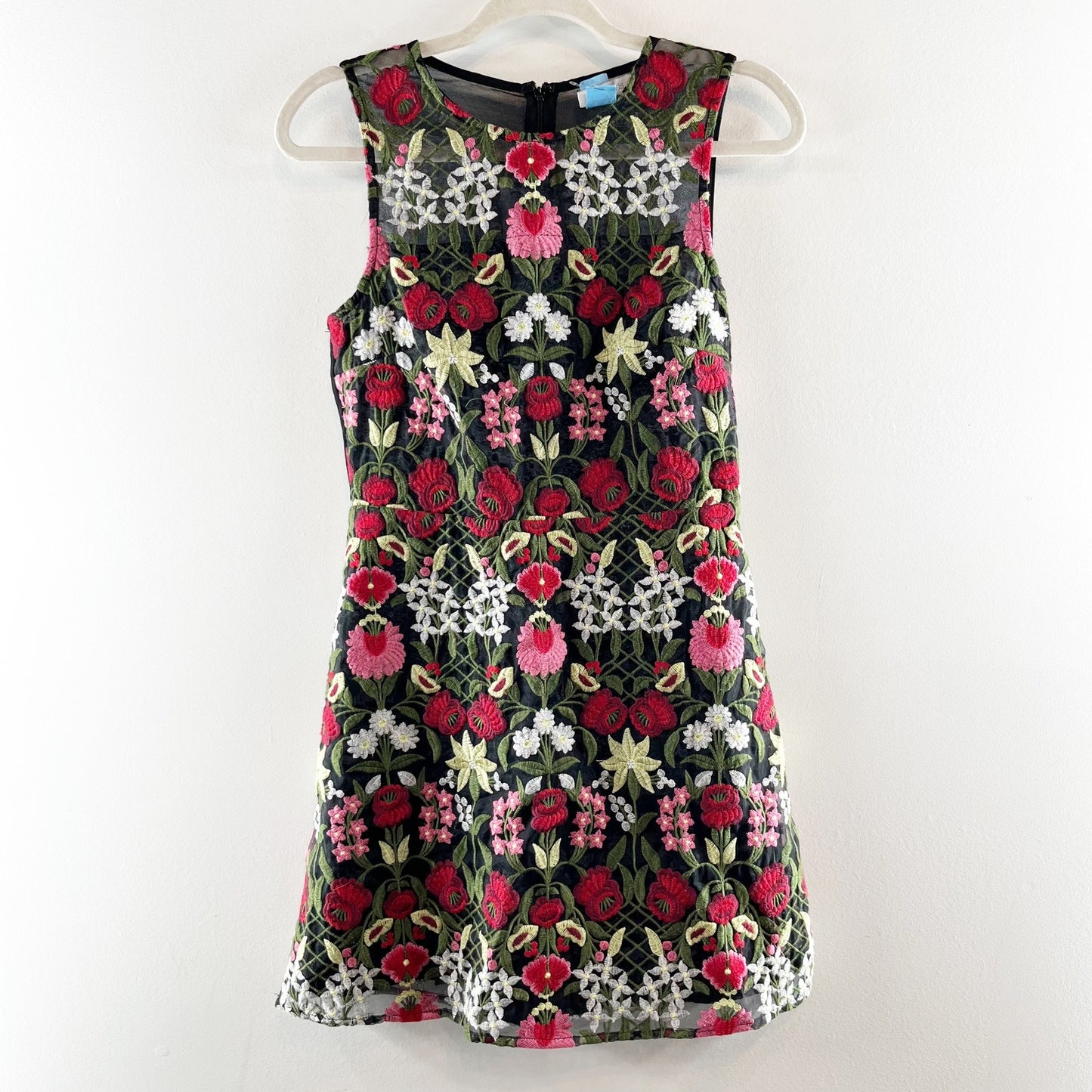 Lucy Paris Marina Floral Embroidered Sleeveless Mini Dress Red Black Small