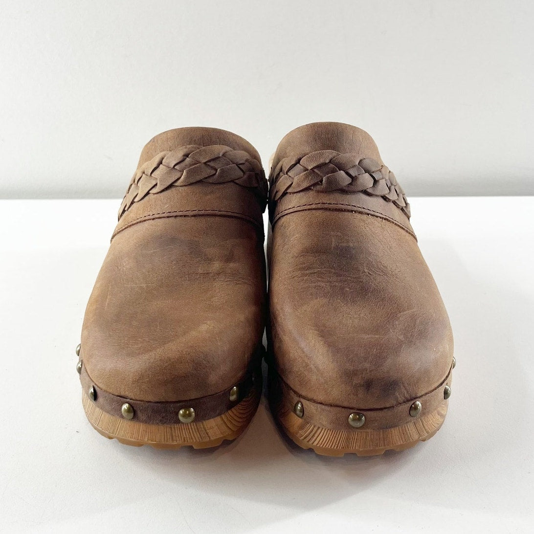 Kork Ease Tilly Braided Trim Leather Slip On Block Heel Clogs Brown 7