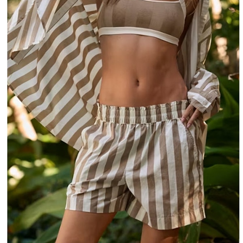 Aerie Cotton Striped Pull On Smocked High Waisted Shorts Beige White Large