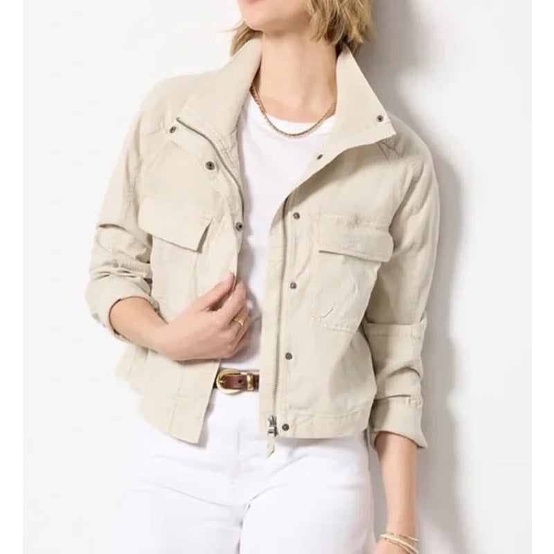 Evereve Full Zip Long Sleeve Utility Camp Jacket Cream Ivory XS
