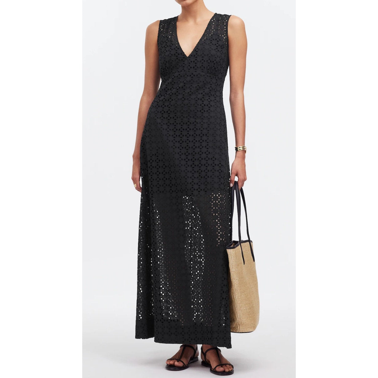 Madewell Eyelet Lace V Neck Sleeveless Maxi Dress Black 12