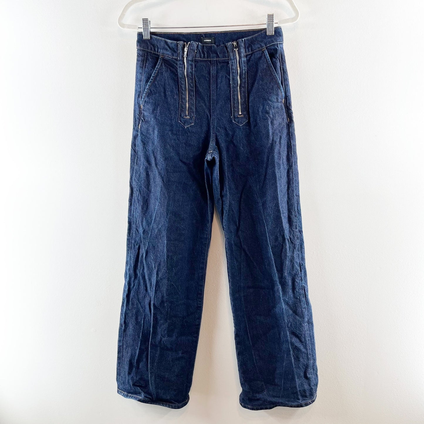Express High Rise Wide Leg Exposed Double Zipper Dark Wash Jeans 4 Petite