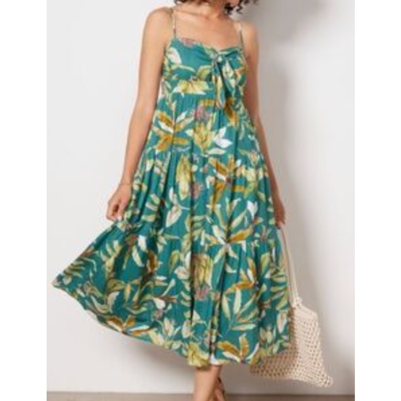 O.P.T. Tie Front Tropical Print Midi Sundress Dress Green Medium