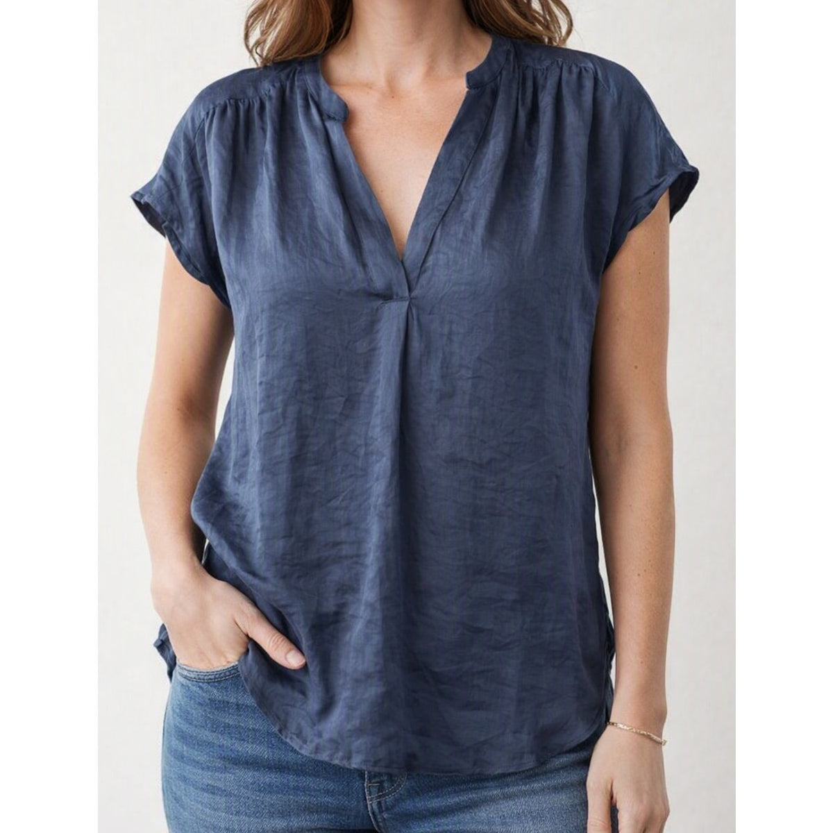 Lucky Brand Satin V Neck Short Sleeve Top Blouse Blue XS