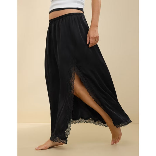 Aerie Lace Trim Slit Elastic Waist Pull On Satin Midi Skirt Black Medium