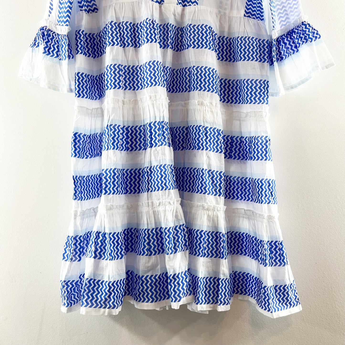 Bindu Elbow Length Sleeve Striped Ruffle Hem Mini Dress White Blue Small