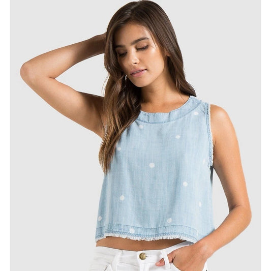 Cloth & Stone Polka Dot Sleeveless Frayed Trim Cropped Tank Top Light Blue XS
