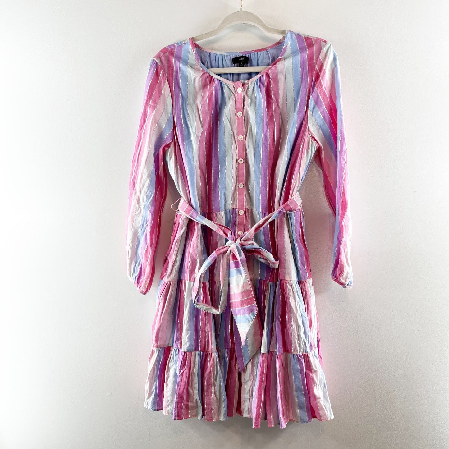 J. Crew Belted Button Up Long Sleeve Mini Dress in Pastel Stripe Purple Pink M