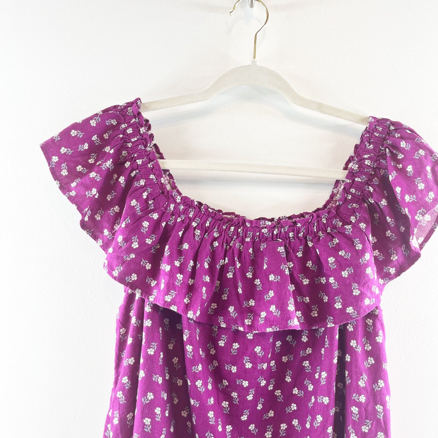 Loft Floral Print Linen-Blend Layered Ruffle Off-The-Shoulder Top Violet Medium