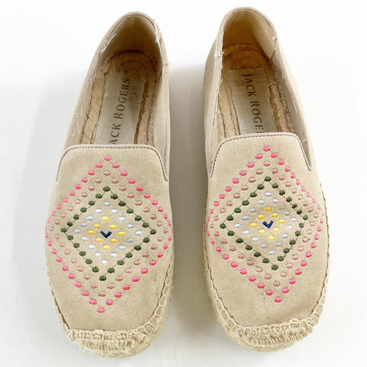 Jack Rogers Luna Suede Embroidery Slip On Flat Espadrilles Shoes Sand 7.5