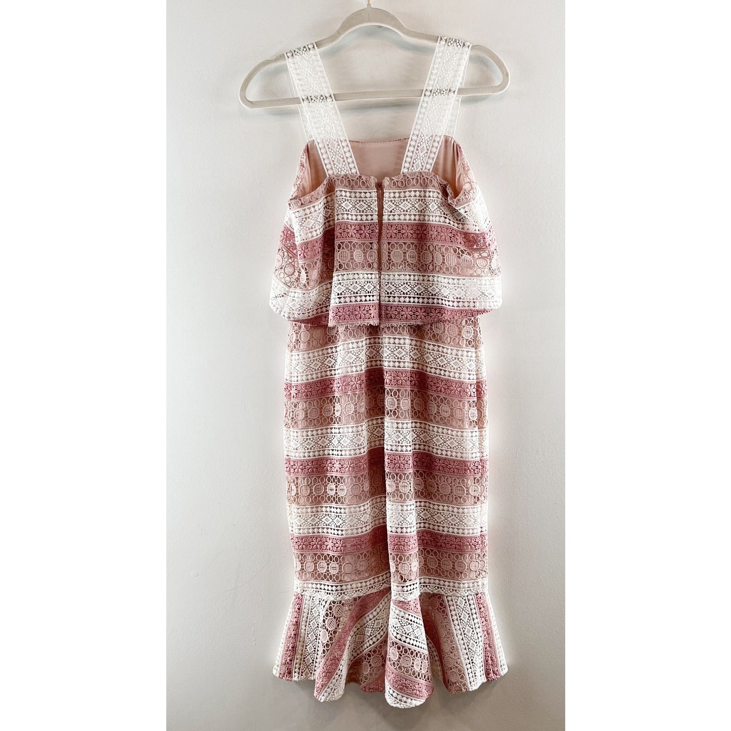 Shoshanna Dunham Striped Estepona Crochet Lace Midi Sheath Dress Pink White 0