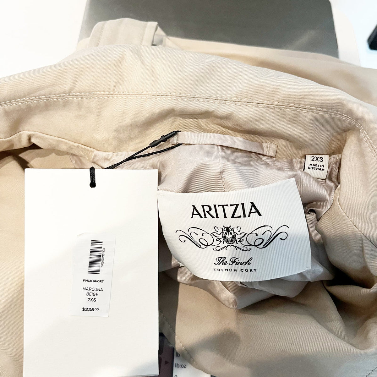 Aritzia The Finch Short Trench Coat City Twill Marcona Beige MISSING BELT XXS