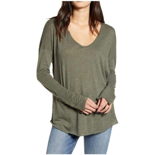 Free People Sienna Scoop Neck Snap Cuff Long Sleeve Tee Shirt Army Green XS